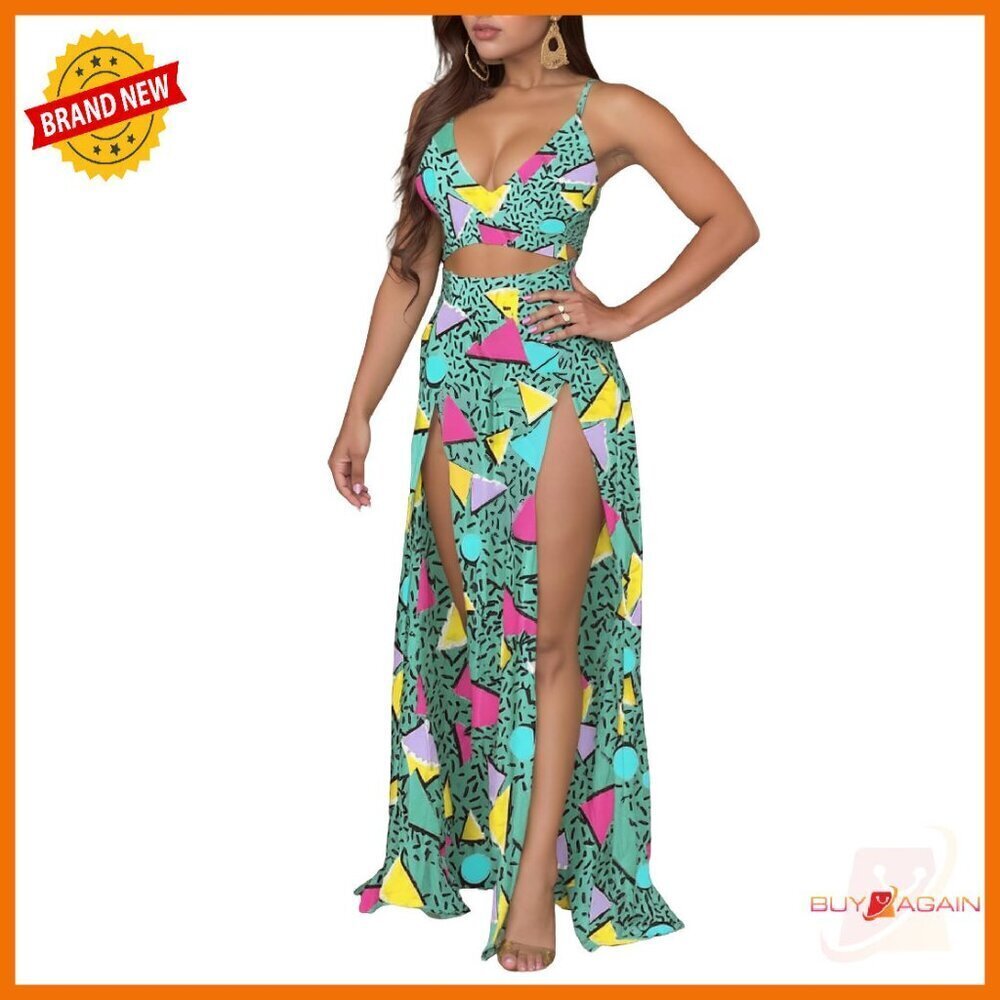 Breathable Chiffon 2-Piece Set with High Slit Maxi Skirt & Crop Top